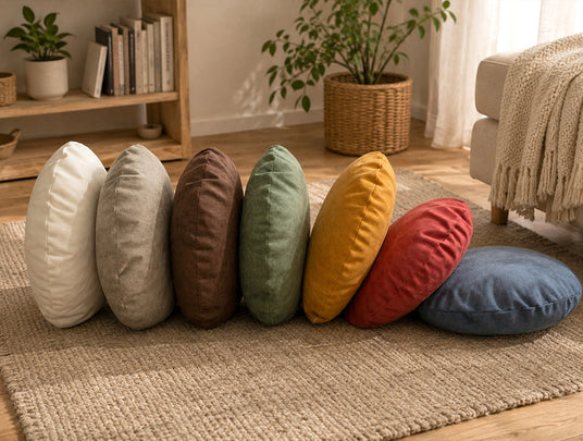 Runde Farbton Kisssenhüllen hintereinander in einem wohnzimmer gelegt