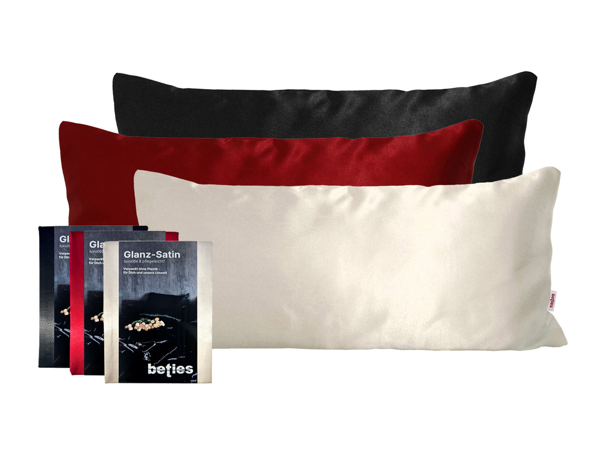 Glanz Satin Kissenbezuege ca. 40x80 cm, in den Farben schwarz, karmin-rot und champagner.