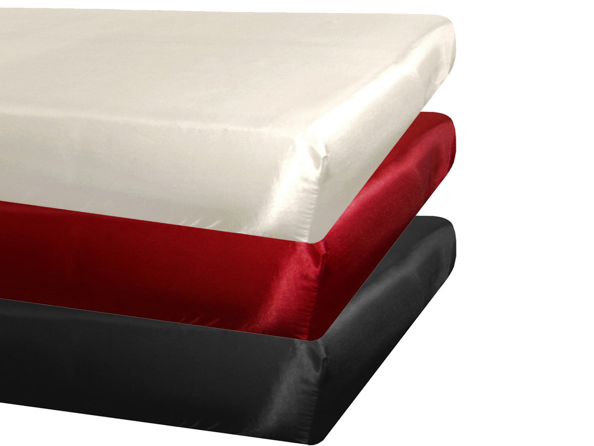 Spannbetttuecher ca. 200x200 cm Glanz Satin PREMIUM schwere Qualität & edel, fein fließend in den Farben champagner, karmin-rot und schwarz.