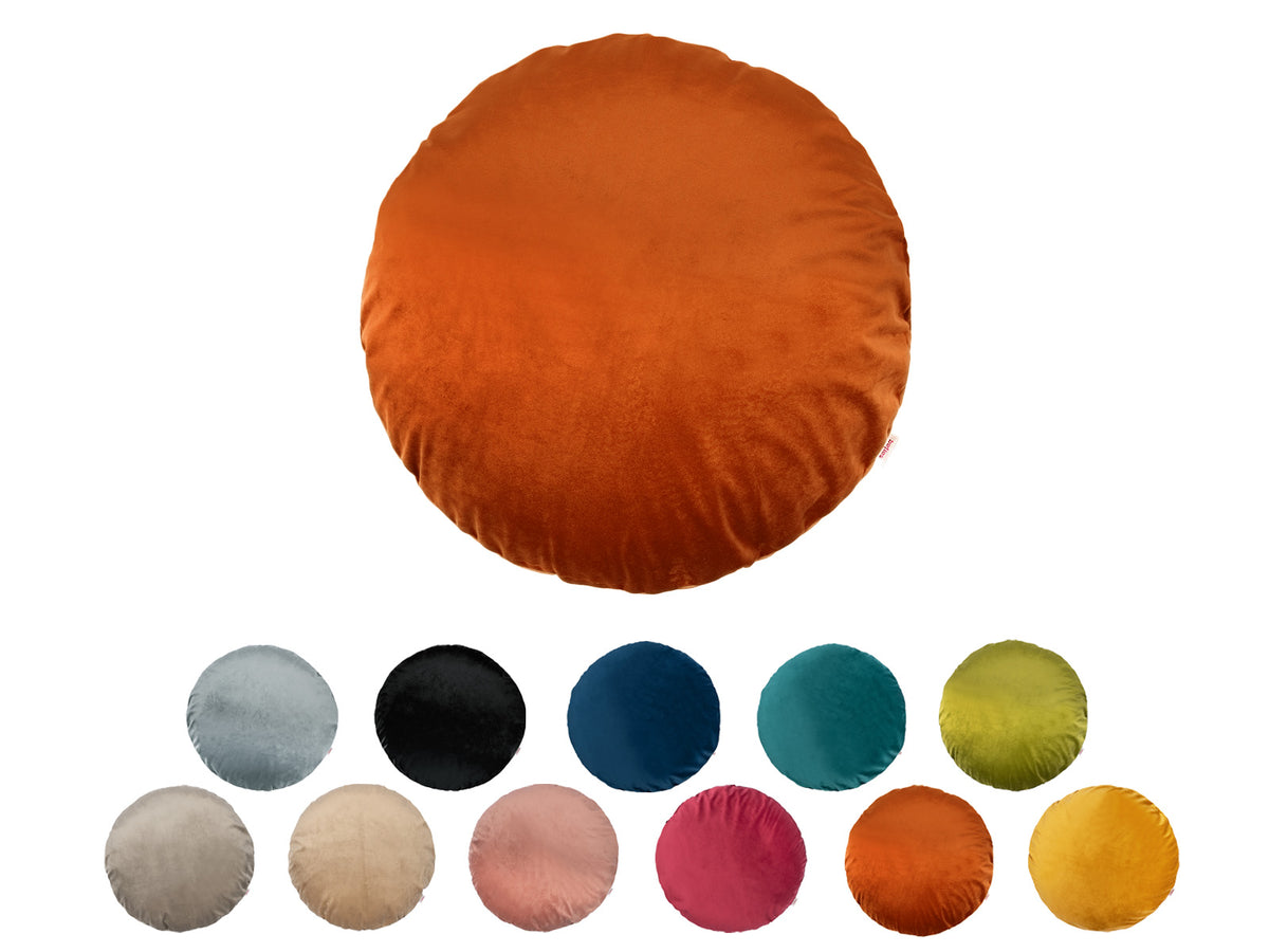 Runde Kissenbezuege ca. 80 cm Ø kuscheliger Samt aus der beties Samt&Sonders Serie. In den uni Farben mai-gruen, curry-senf-gelb, rost-orange, karmin-rot,altrosa, braun-beige, taupe, stein-grau, schwarz, admiral-blau und petrol.