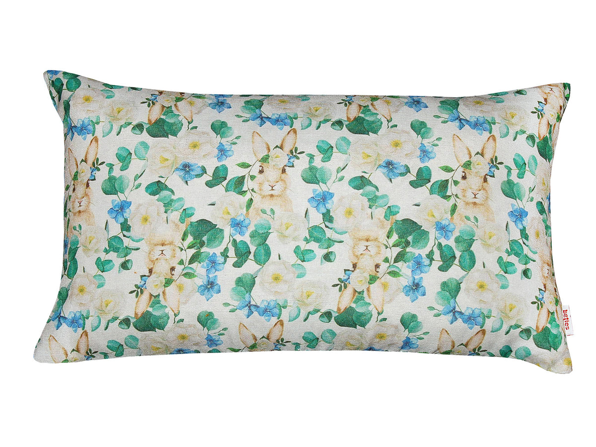 Cushion cover approx. 30x50 cm, romantic rabbit motif with blue and white flowers in country style, beties "Tilda the Rabbit"