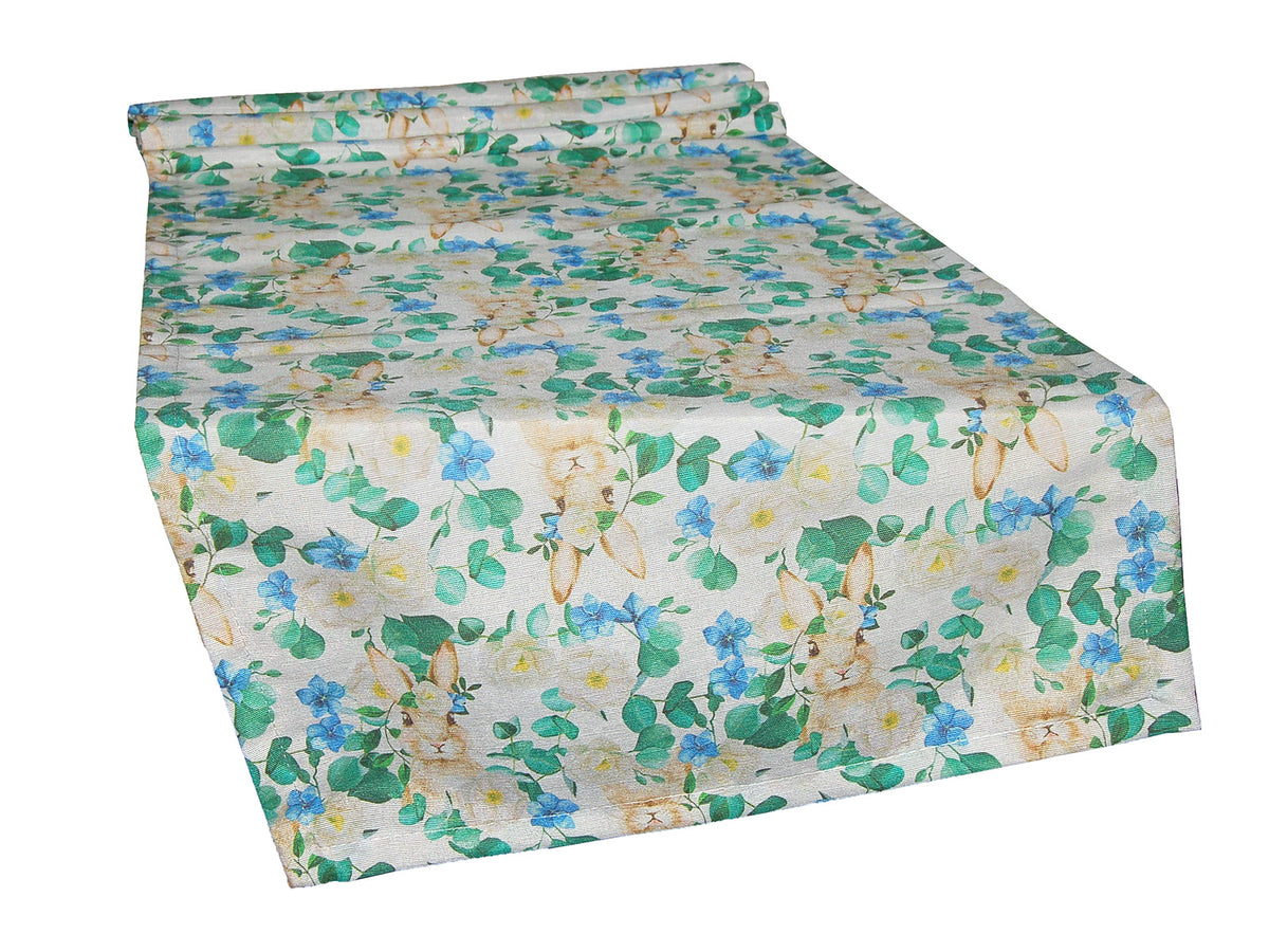 Table runner approx. 40x130 cm, romantic rabbit motif with blue and white flowers in country style, beties "Tilda the Rabbit"