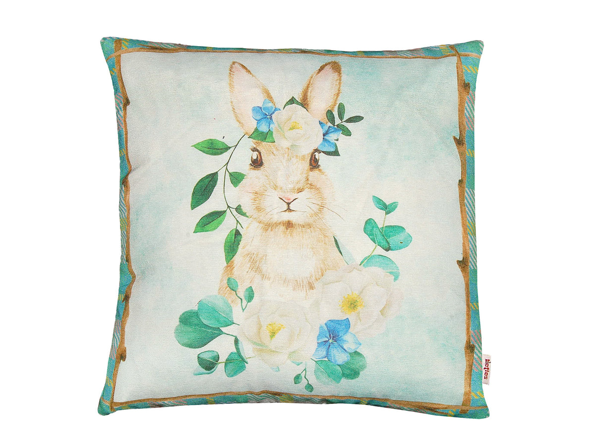 Cushion cover approx. 40x40 cm, romantic rabbit motif with blue and white flowers in country style, beties "Tilda the Rabbit"