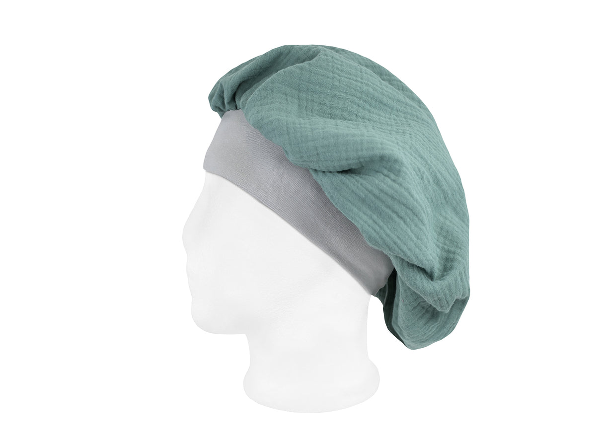 beties Musselin Bonnet Haarhaube Eukalyptus Grün – seitenansicht, 100% Bio-Baumwolle Musselin