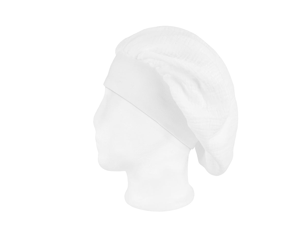 beties Musselin Bonnet Haarhaube Polar Weiß – seitenansicht, 100% Bio-Baumwolle Musselin