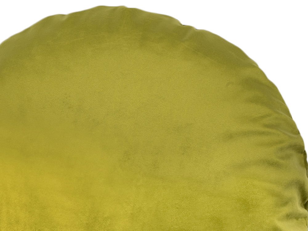 Nahaufnahme eines runden, mai-gruenen, Samt Kissenbezug ca. 80 cm Ø aus der beties Samt&Sonders Serie.