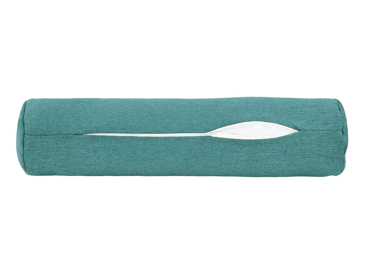 beties Wunschton Nackenrolle gefüllt 13x50 cm Teal Petrol – geöffneter Reißverschluss, melierter Möbelstoff