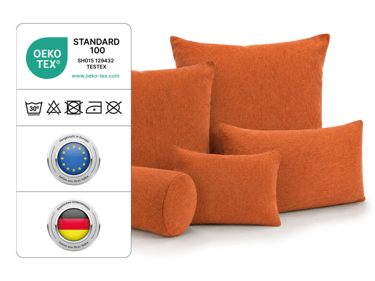 beties Wunschton Kissenhülle Terracotta Orange – Zertifizierungsinfos OEKO-TEX, melierter Möbelstoff schadstoffgeprüft
