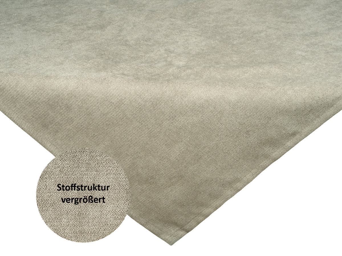 Mitteldecke ca. 80x80 cm greig-taupe Chenille-Haptik beties "FarbTon" mit einem Detailbild der Stoffstrucktur.