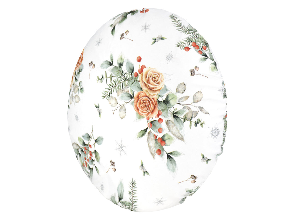 Runde, weisse Kissenhuelle ca. 40 cm im Durchmesser – Winterdeko mit gefrosteten Rosen in orange – 100% Baumwolle – aus der beties Magie des Winters "Frost-Rose" Kollektion.
