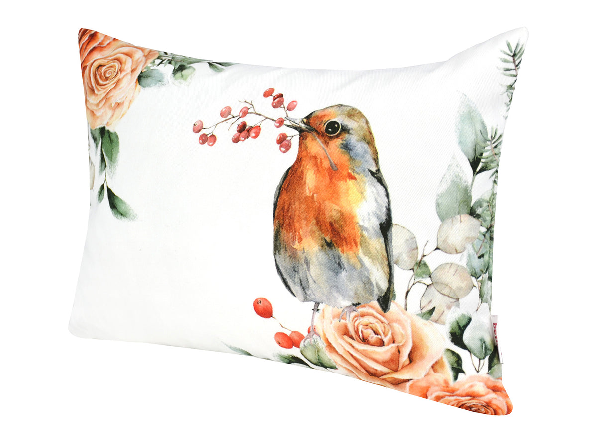 Weisse Kissenhuelle ca. 25x35 cm – Winterdeko mit Rotkelchen, orangen, gefrosteten Rosen und Zweigen – 100% Baumwolle – Aus der beties Magie des Winters "Frost-Rose Rotkelchen" Kollektion.