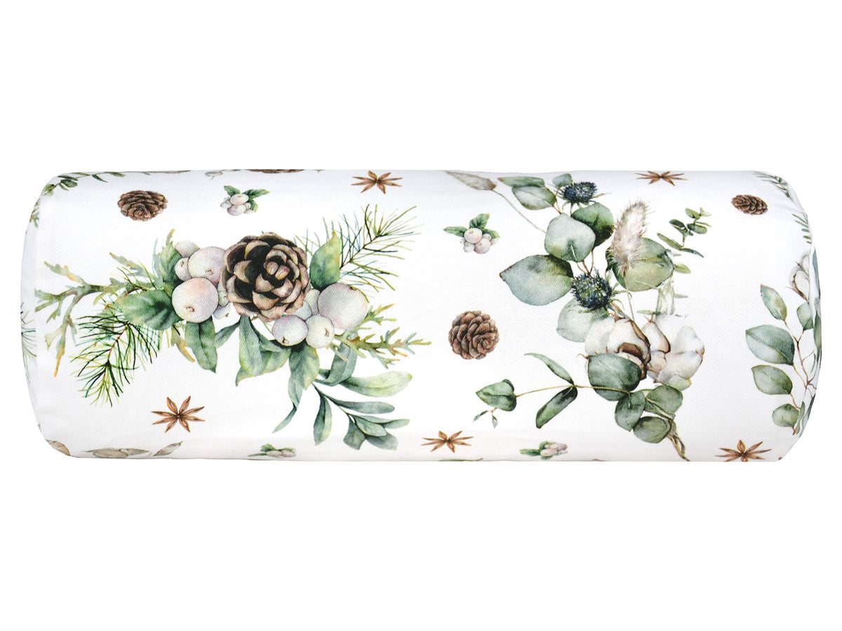 Weisse Nackenrollenhuelle ca. 15x40 cm – Winterdeko mit Tannenzapfen und Zweigen – 100% Baumwolle – aus der beties Kollektion, "Magie des Winters – Moggl"