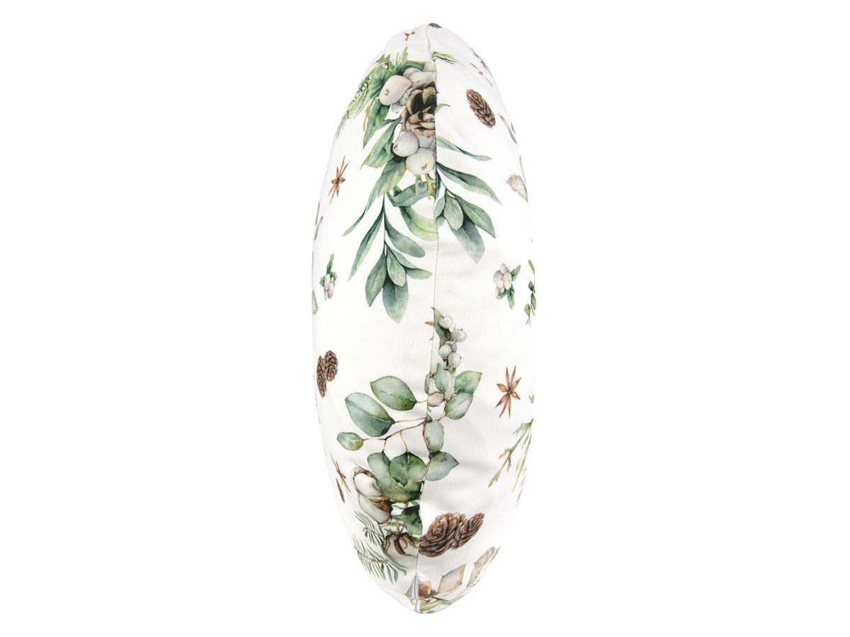 Runde Kissenhuelle ca. 40 cm im Durchmesser seitliche Ansicht – Winterdeko mit Tannenzapfen – 100% Baumwolle – aus der beties Kollektion Magie des Winters "Moggl"