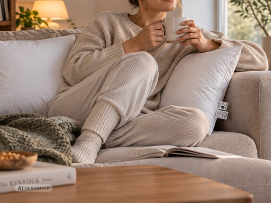 Kissenfüllungen und Sofakissen Inletts auf einem Sofa im Wohnzimmer, dekorativ dargestellt in einer gemütlichen Wohnatmosphäre mit Wohntextilien und Dekokissen.