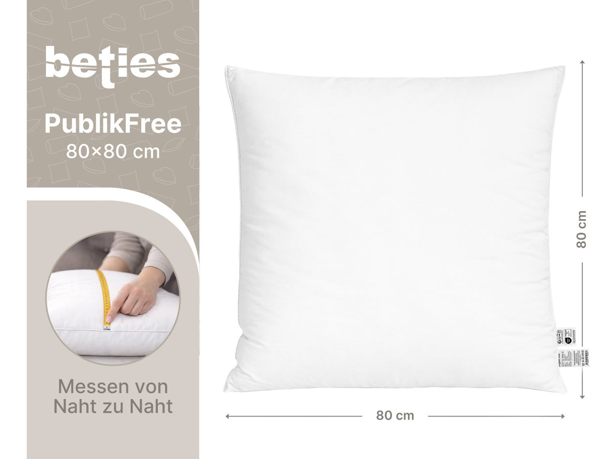 beties PublikFree Polyesterflocken Kopfkissen 80x80 cm – Maßzeichnung Breite 80 cm Höhe 80 cm, veganes Schlafkissen ohne Federn