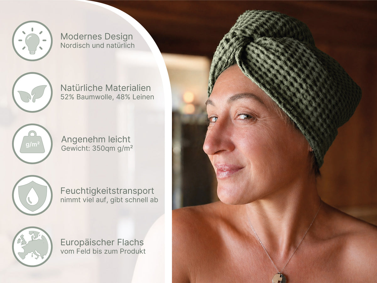 beties Pur Nature Haarturban Salbeigrün – Spa-Feeling zu Hause, Waffelpiqué aus Leinen-Baumwoll-Mix fakten