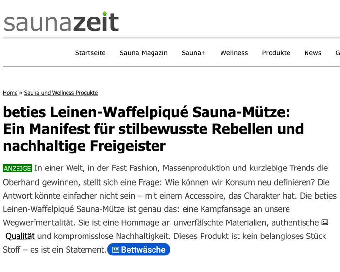 Saunazeit Artikel über den leinen saunabeanie von beties