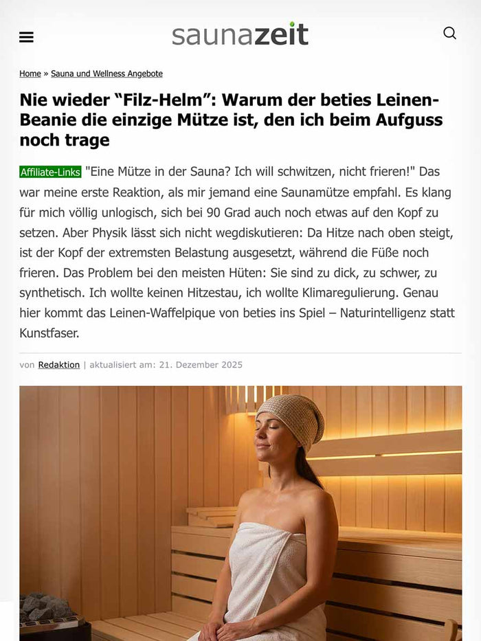 Saunazeit Magazin artikel über den beties Waffelpique sauna Beanie