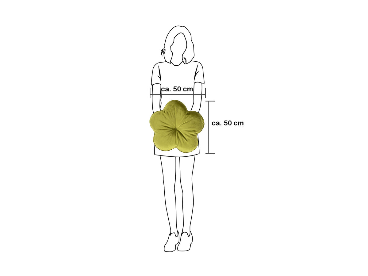 Eine gezeichnete Frau haelt ein gruenes Samt Blumenkissen in den Haenden. Der Durchmesser betraegt 50 cm.