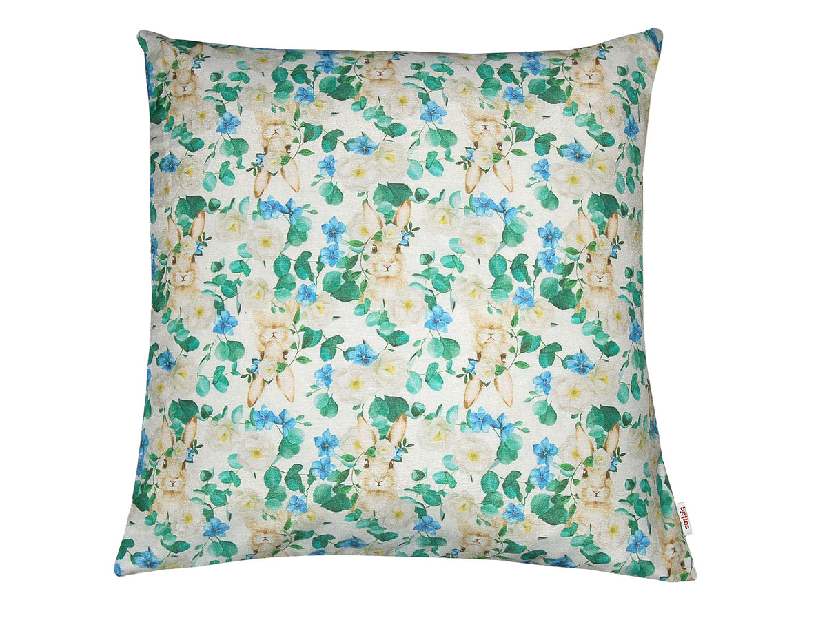 Cushion cover approx. 50x50 cm, romantic rabbit motif with blue and white flowers in country style, beties "Tilda the Rabbit"