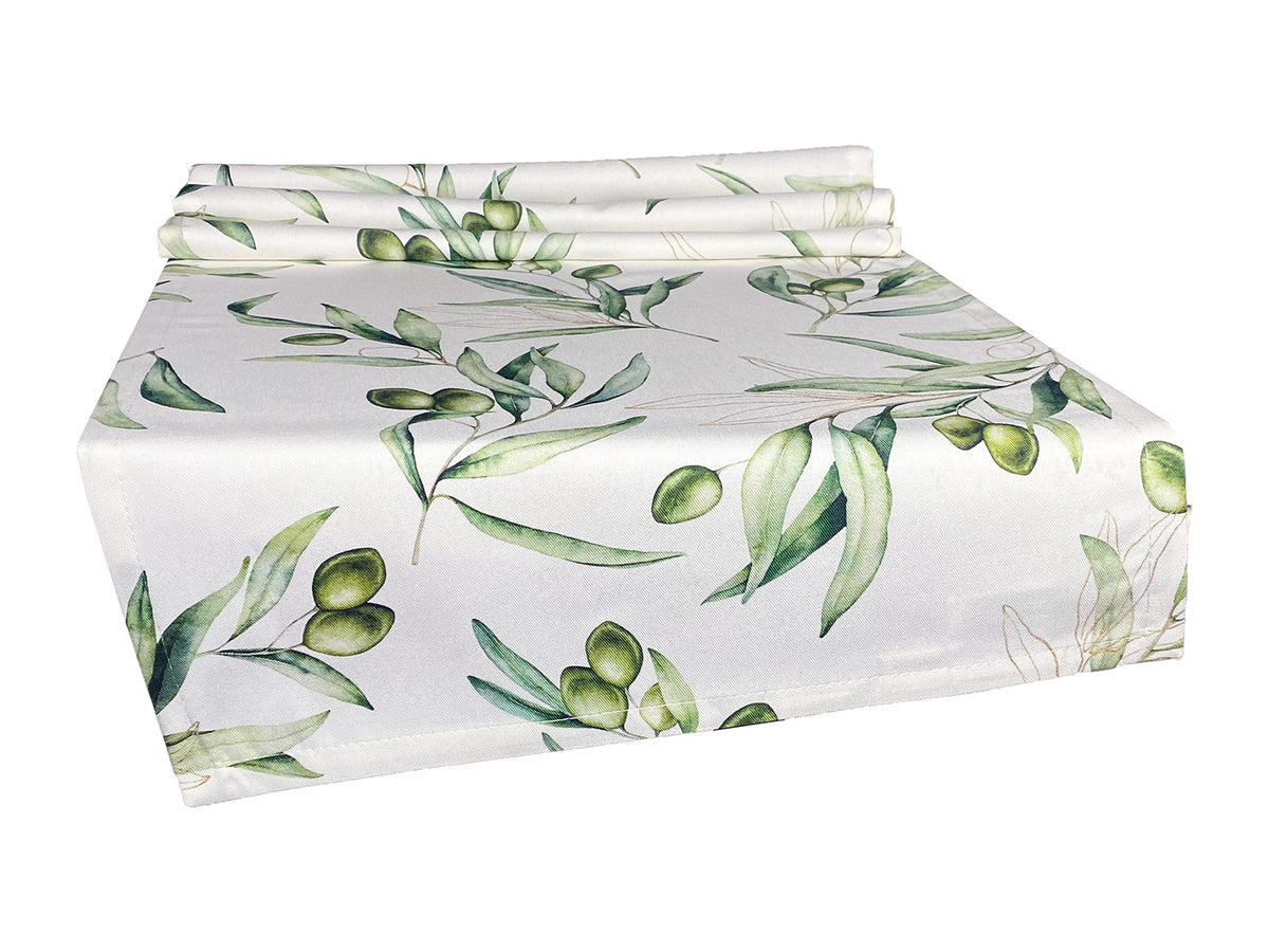 Mediterraner 
Weisser Tischlaeufer aus 100% Baumwolle - Oliven Design aus der beties "Italy Collection".