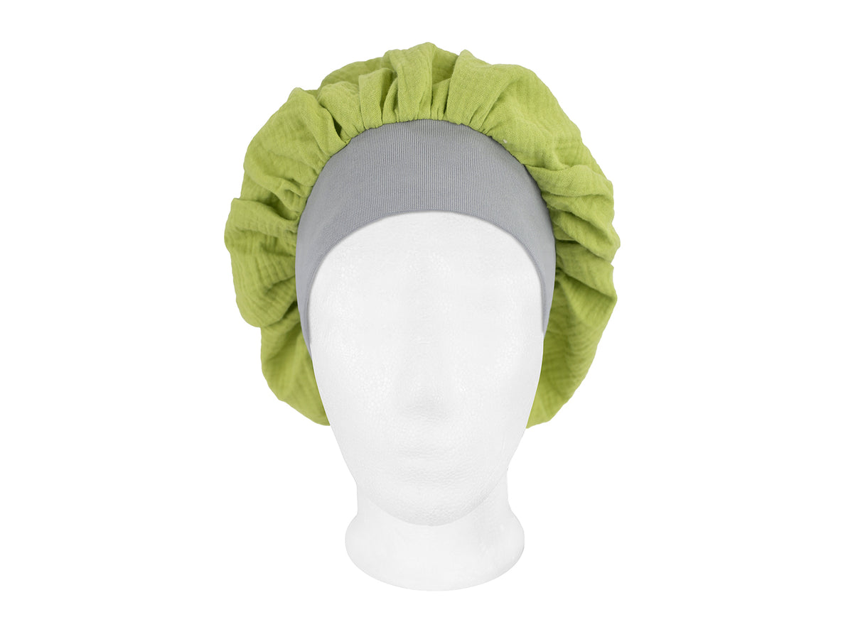  beties Musselin Bonnet Haarhaube Linden Grün – vorderansicht, 100% Bio-Baumwolle Musselin 
