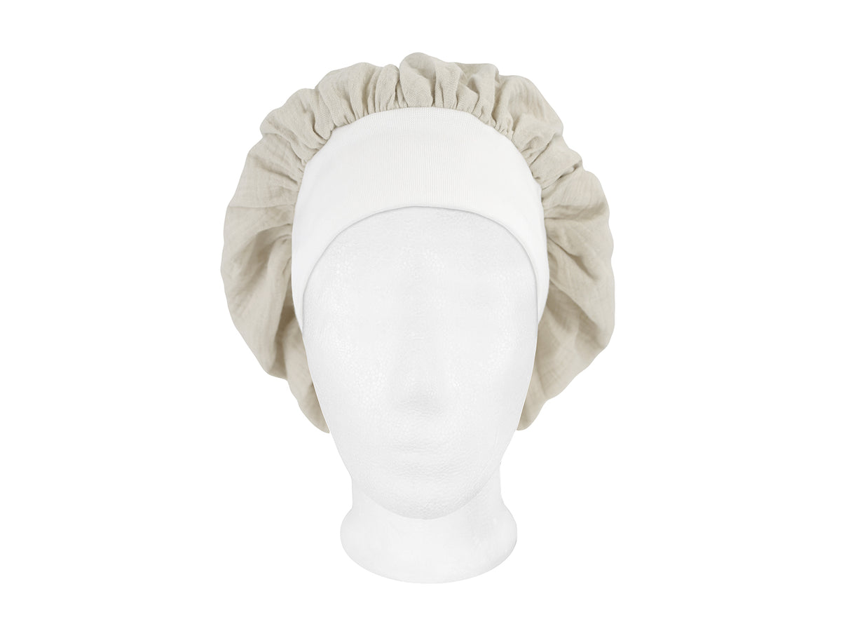  beties Musselin Bonnet Haarhaube Mandel Beige – vorderansicht, 100% Bio-Baumwolle Musselin 