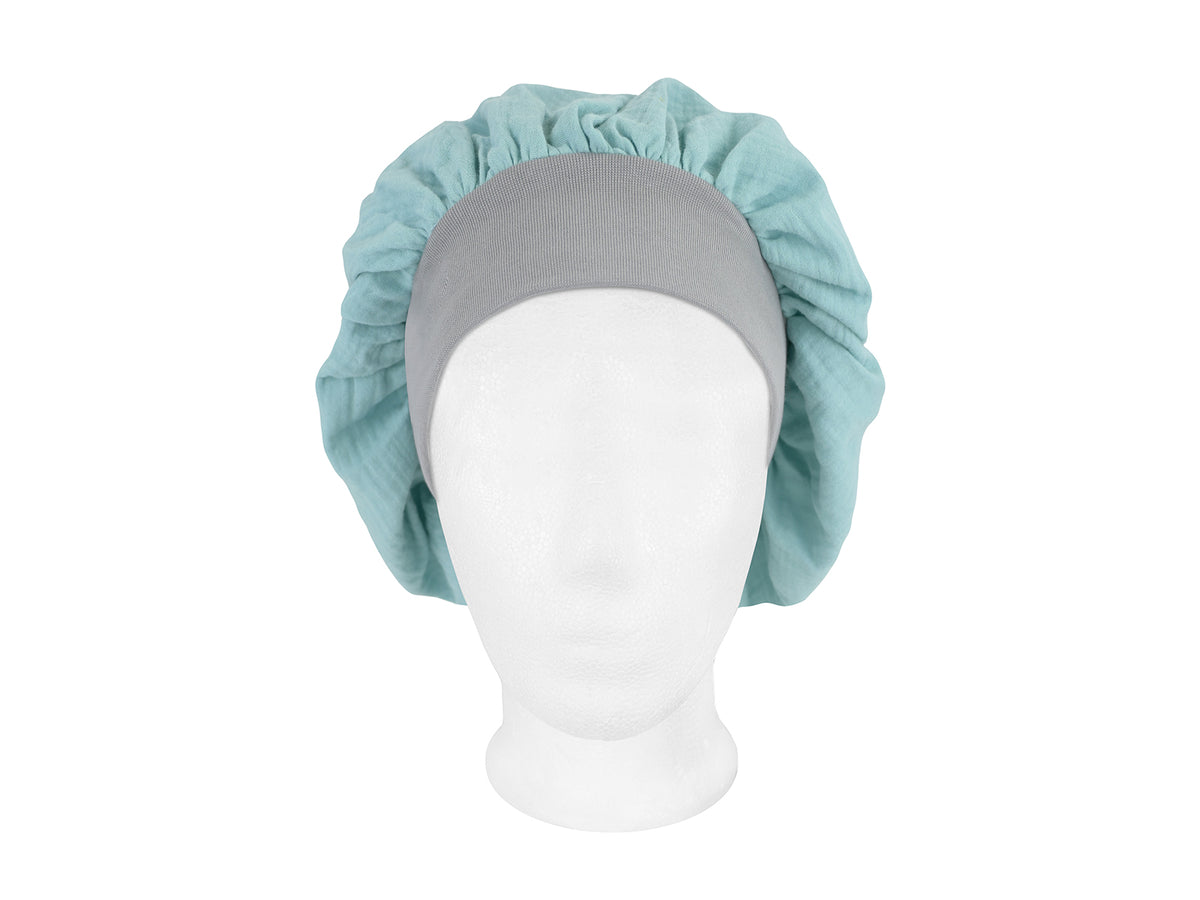  beties Musselin Bonnet Haarhaube Mineral Blau – vorderansicht, 100% Bio-Baumwolle Musselin 