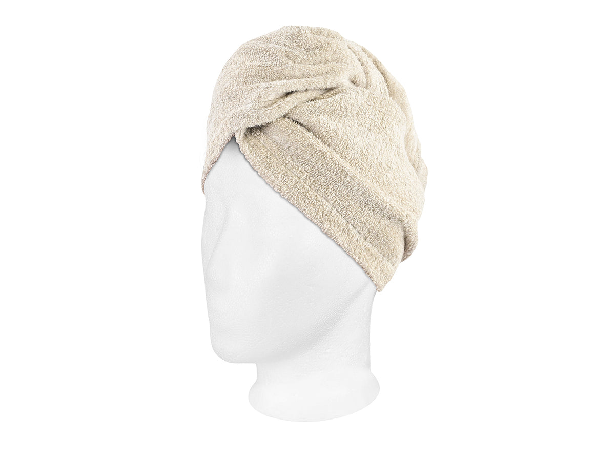 beties Savu Haarturban in Heubeige aus Soft-Frottee mit Leinen, Schrägansicht