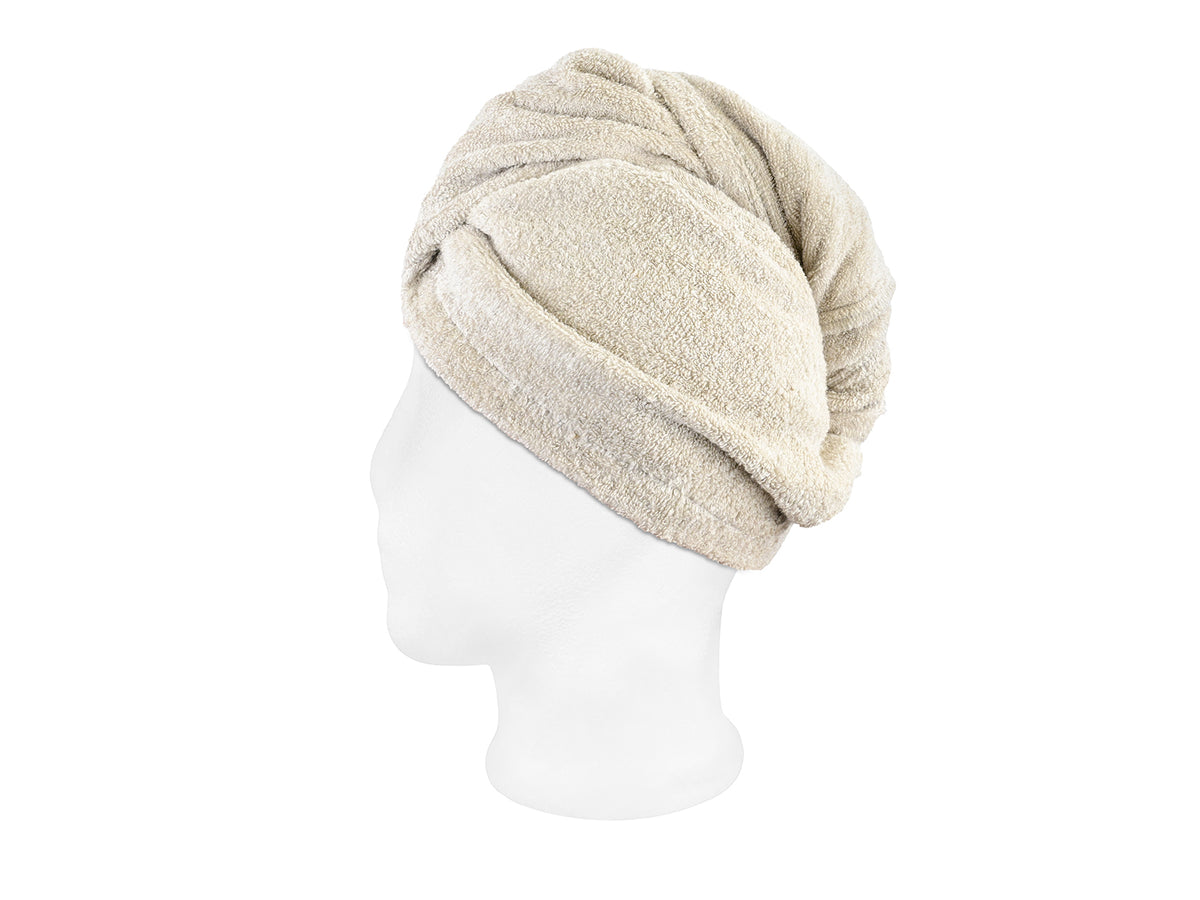 beties Savu Haarturban in Heubeige aus Soft-Frottee mit Leinen, Seitenansicht