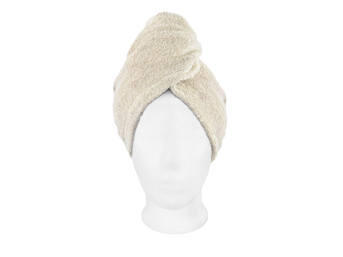 beties Savu Haarturban in Heubeige aus Soft-Frottee mit Leinen, Vorderansicht