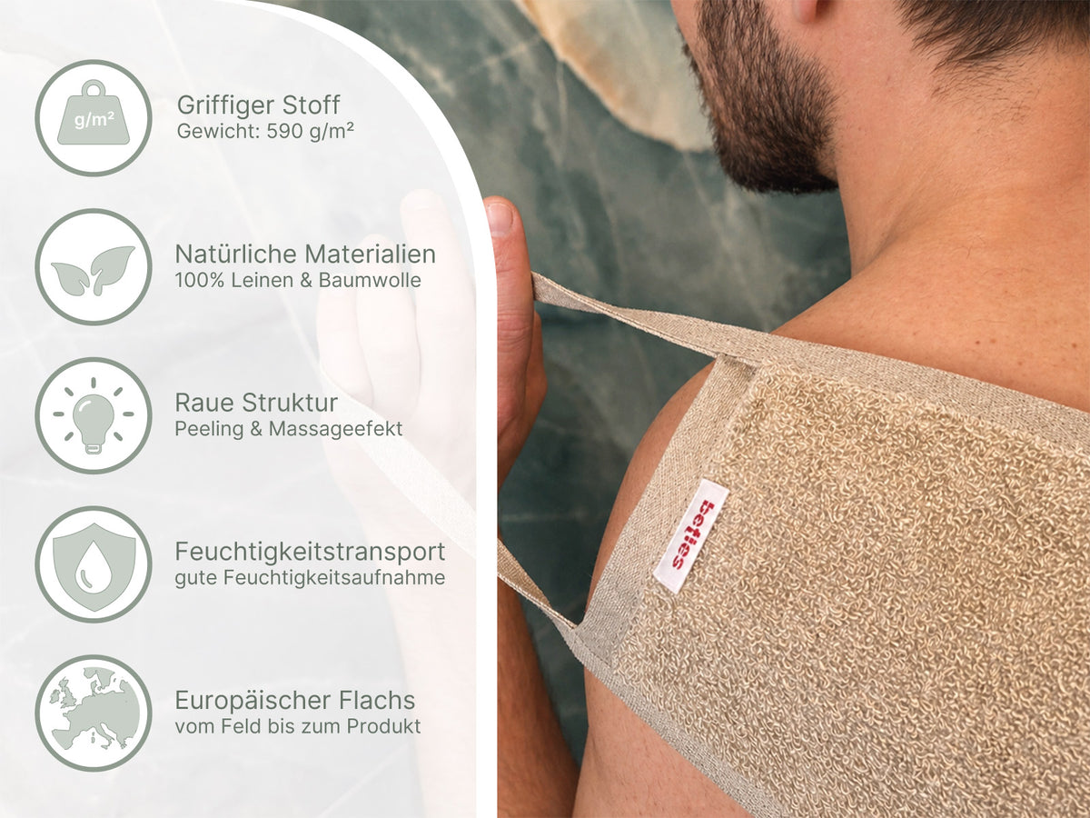 Infografik zu Pflege und Materialvorteilen des beties Savu Massage-Frottee-Leinen