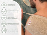 Infografik zu Pflege und Materialvorteilen des beties Savu Massage-Frottee-Leinen