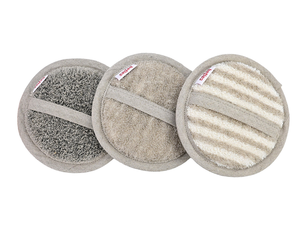 beties Savu Peeling-Pad rund 12 cm aus Massage-Frottee mit Leinen in allen drei Farben