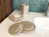  beties Savu Peeling-Pads rund 12 cm aus Massage-Frottee-Leinen im Badezimmer-Milieu