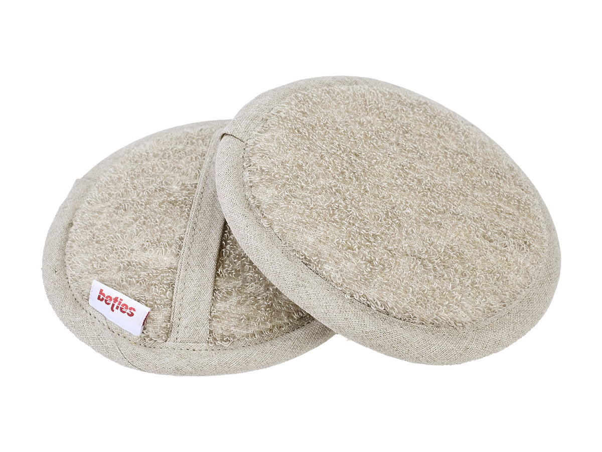 beties Savu Peeling-Pad rund 12 cm in Heubeige aus Massage-Frottee, zweite Ansicht