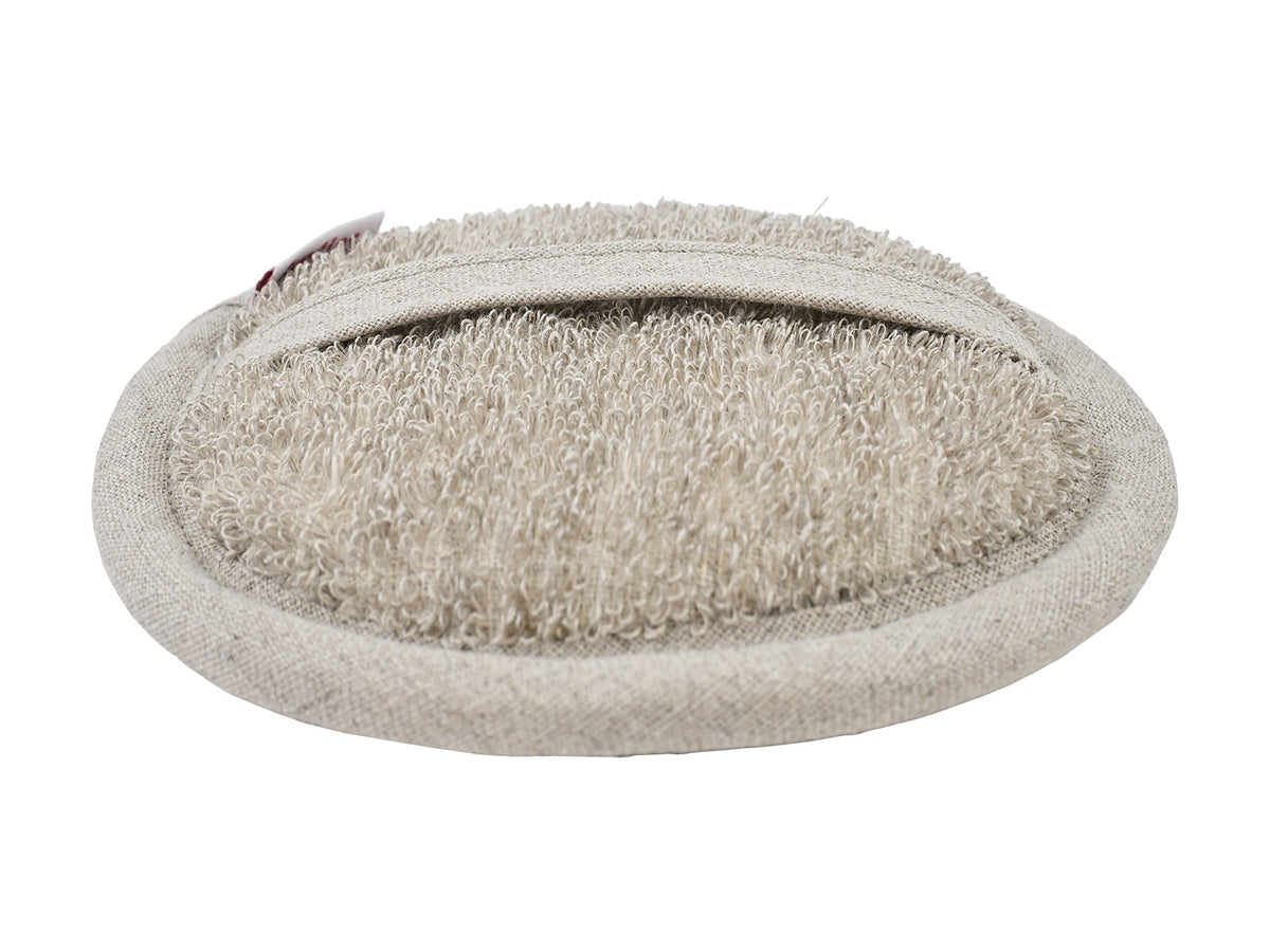 beties Savu Peeling-Pad rund 12 cm in Heubeige aus Massage-Frottee, Schrägansicht