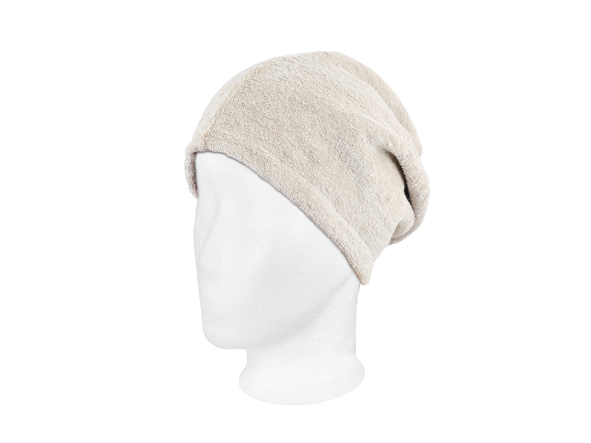beties Savu Sauna-Beanie in Heubeige aus Soft-Frottee-Leinen, Schrägansicht