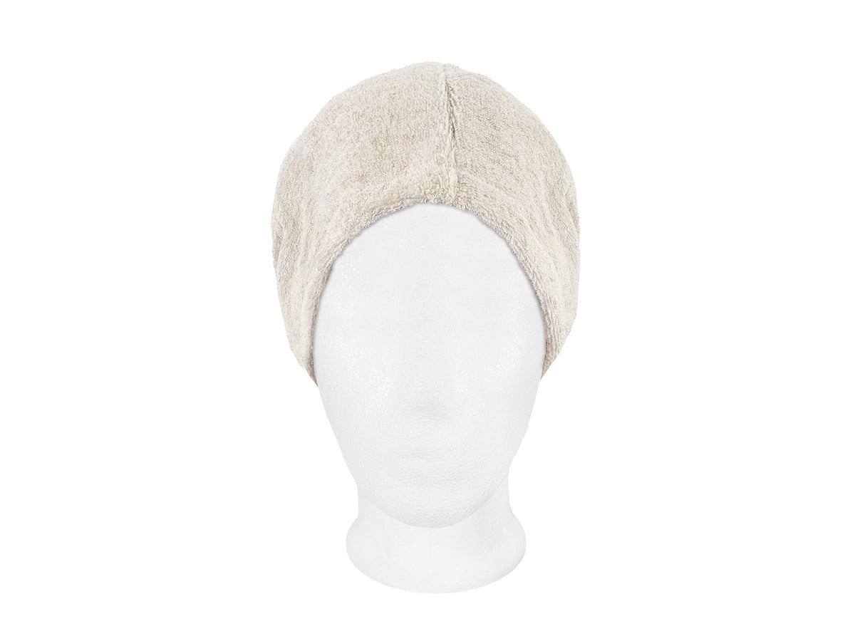 beties Savu Sauna-Beanie in Heubeige aus Soft-Frottee-Leinen, Vorderansicht