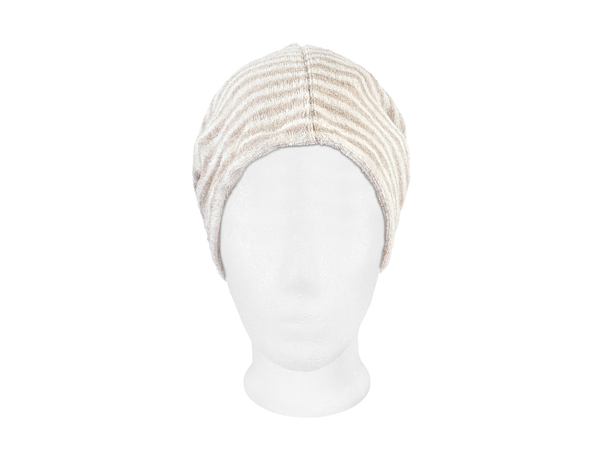 beties Savu Sauna-Beanie in Schilf-Hafermilch aus Soft-Frottee, Vorderansicht