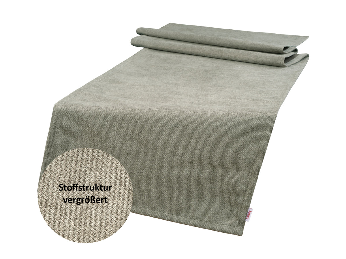 Tischläufer ca. 40x140 cm greig-taupe Chenille-Haptik beties "FarbTon" mit einem Detailbild der Stoffstrucktur.