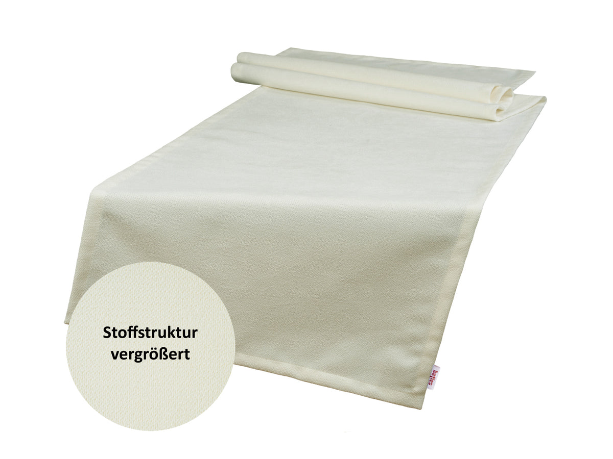 Tischläufer ca. 40x140 cm sahne-weiß Chenille-Haptik beties "FarbTon" mit einem Detailbild der Stoffstrucktur.
