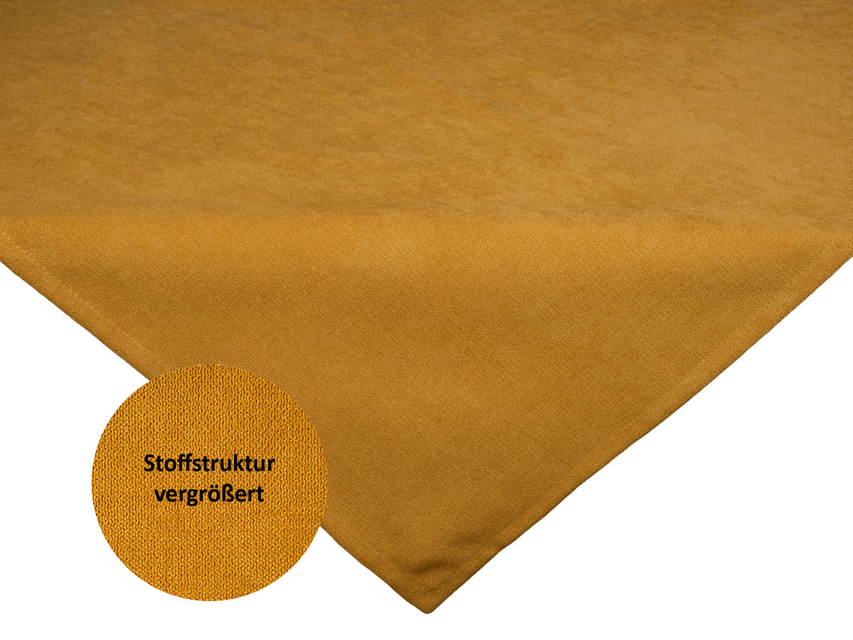 Mitteldecke ca. 80x80 cm curry-gelb Chenille-Haptik beties "FarbTon" mit einem Detailbild der Stoffstrucktur.