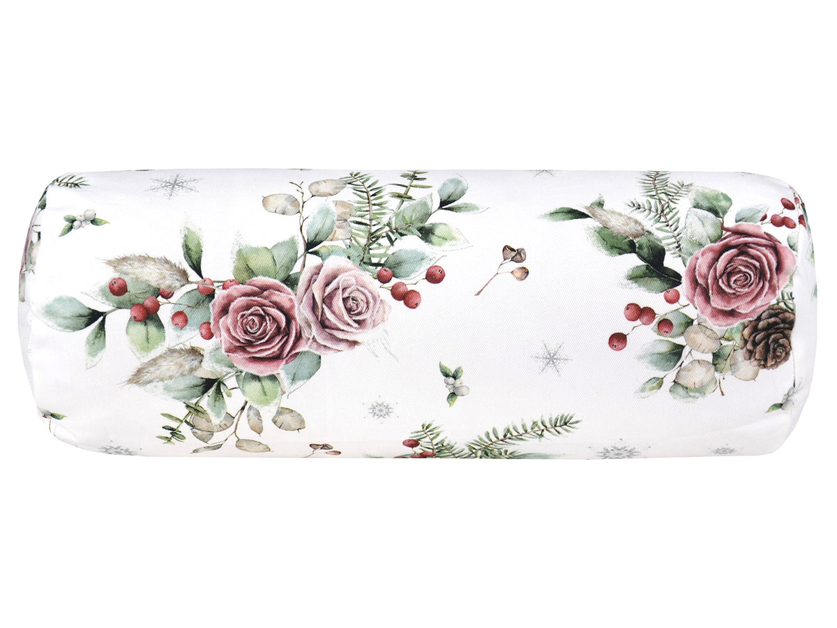 Weisse Nackenrollenhuelle ca. 15x40 cm – Winterdeko mit rosa, gefrosteten Rosen, Tannenzapfen und Zweigen. – 100% Baumwolle – Aus der beties Magie des Winters "Frost-Rose" Kollektion.