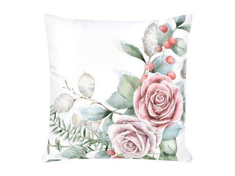 Weisse Kissenhuelle ca. 50x50 cm – Winterdeko mit rosa gefrosteten Rosen Bukett und Zweigen – 100% Baumwolle – Aus der beties Magie des Winters "Frost-Rose Bukett" Kollektion.