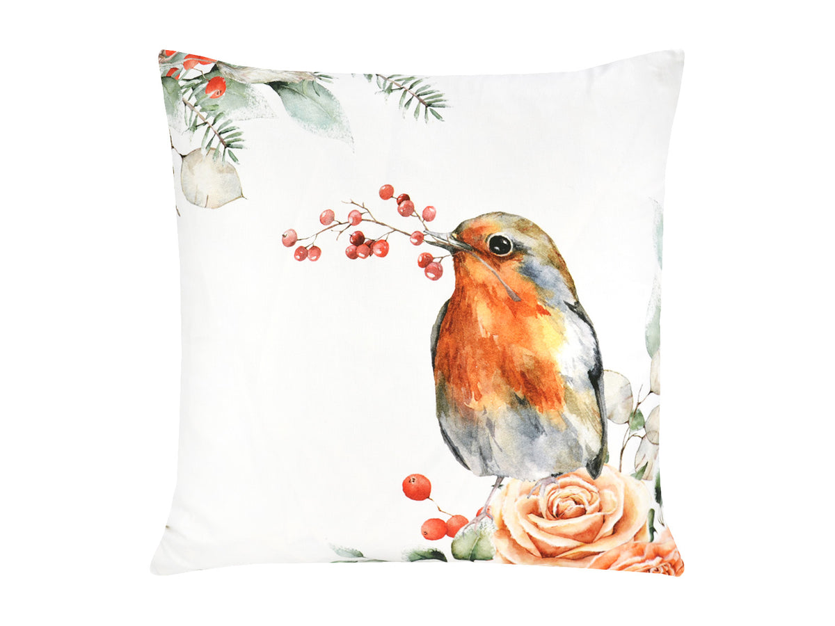 Weisse Kissenhuelle ca. 50x50 cm – Winterdeko mit einem Rotkelchen und orangen gefrosteten Rosen und Zweigen – 100% Baumwolle – Aus der beties Magie des Winters "Frost-Rose Rotkelchen" Kollektion.