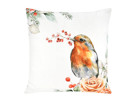 Weisse Kissenhuelle ca. 50x50 cm – Winterdeko mit einem Rotkelchen und orangen gefrosteten Rosen und Zweigen – 100% Baumwolle – Aus der beties Magie des Winters "Frost-Rose Rotkelchen" Kollektion.