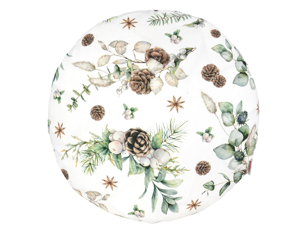 Runde Kissenhuelle ca. 40 cm im Durchmesser – Winterdeko mit Tannenzapfen – 100% Baumwolle – aus der beties Kollektion Magie des Winters "Moggl"