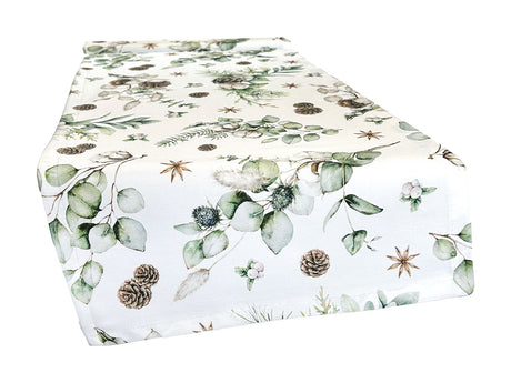 Weisser Tischlaeufer ca. 40x130 cm – Winterdeko mit Tannenzapfen – 100% Baumwolle – aus der beties Kollektion, Magie des Winters "Moggl"