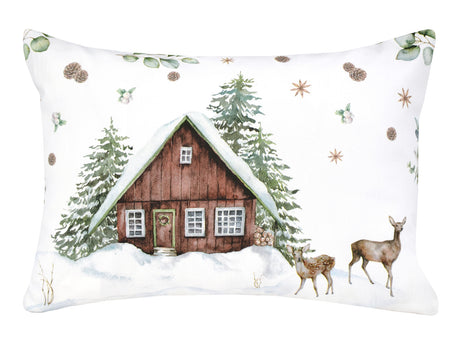 Weisse Kissenhuelle ca. 25x35 cm – Winterdeko mit Hütte und Rehen– 100% Baumwolle – beties Magie des Winters "Moggl-Hütte"